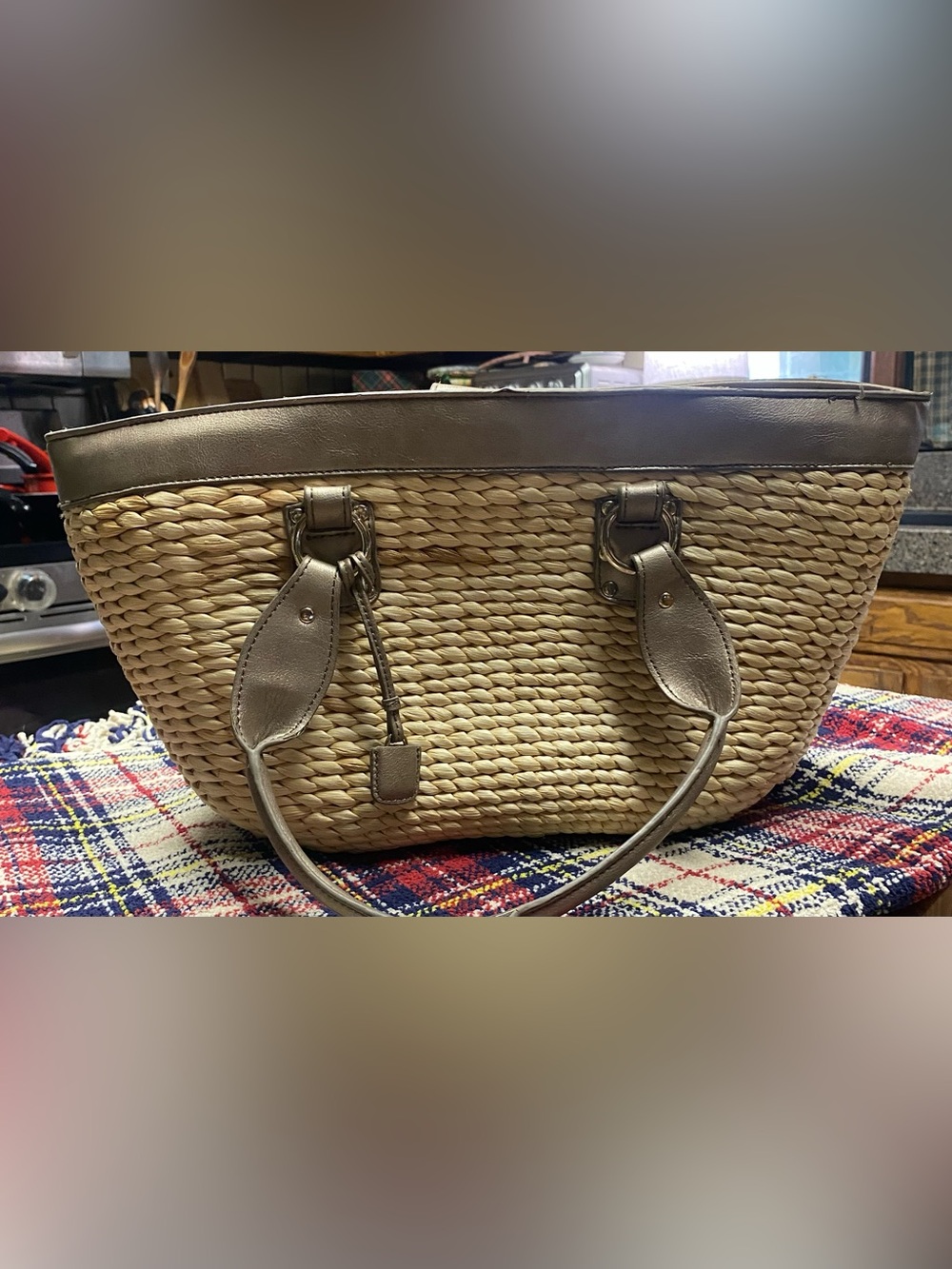 Vintage Liz Claiborne Cornhusk Straw Tote Bag with Metallic Trim - Neutral